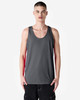 A unisex fine jersey tank in grey with red side panels, featuring a logo on the front.