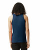 A unisex fine jersey tank featuring a navy back and a vibrant contrast section, with a small branding logo.
