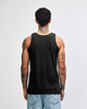 A black unisex fine jersey tank top is worn by a model, featuring a simple design and a logo.