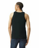 A black unisex fine jersey tank top with a simple design, featuring a logo on the back.