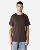 A dark brown Gildan Heavy Cotton adult t-shirt displayed on a model. It features a classic crew neck design.