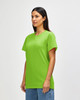 A green adult t-shirt displayed on a male model, featuring a simple design and a logo on the front.