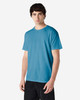 A blue Gildan Heavy Cotton adult t-shirt displayed on a model, featuring a simple design and a logo.