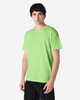 A man wearing a bright green Gildan Heavy Cotton Adult T-Shirt, with a blank design and a logo on the sleeve.