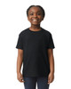 A black Gildan Heavy Cotton Youth T-Shirt displayed on a smiling child. The shirt features short sleeves and a basic cut.