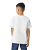 A youth t-shirt in white, featuring a simple design and a logo on the back.