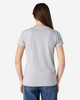 A women's grey Gildan Heavy Cotton T-shirt displayed from the back, featuring a simple design and short sleeves.