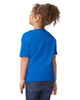 A toddler wearing a blue Gildan Heavy Cotton T-shirt, viewed from the back, with curly hair and jeans.