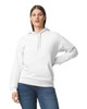 A white Gildan Softstyle adult hooded sweatshirt is worn by a model posing with one hand on her hip.