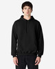 A black hooded sweatshirt worn by a model with a front pouch pocket and drawstring hood. Features a logo.