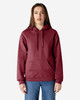A maroon hooded sweatshirt with a front pocket and drawstrings, featuring a logo on the chest.