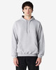 A grey Gildan Softstyle adult hooded sweatshirt with a front pocket and a drawstring hood. Features a logo.
