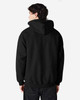 A black hooded sweatshirt with a relaxed fit, featuring a hood and a kangaroo pocket. It has a logo on the back.