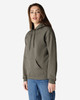 A hooded sweatshirt in olive green, featuring a front pocket and a drawstring hood. The model is wearing blue jeans.