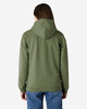 A green Gildan Softstyle adult hooded sweatshirt viewed from the back, featuring a hood and long sleeves.