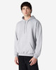 A grey hooded sweatshirt features a drawstring hood and a front pouch pocket, with a logo present.