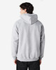 A grey hooded sweatshirt with a kangaroo pocket, viewed from the back. It features a logo on the back.