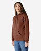 A brown hooded sweatshirt with a front pocket and drawstrings, worn by a model in casual attire.