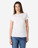 A white Gildan Softstyle ladies' t-shirt displayed on a model, featuring a simple design and short sleeves.