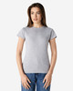 A grey ladies' t-shirt with a fitted style, featuring short sleeves and a round neckline.