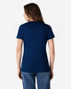 A navy blue ladies' t-shirt, featuring a fitted design and short sleeves, with a logo on the back.
