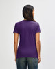 A purple ladies' t-shirt featuring a fitted design and a logo on the back.