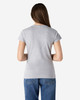 A grey ladies' t-shirt with short sleeves, featuring a design on the back and a fitted shape.