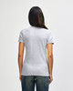 A grey ladies' t-shirt with short sleeves, featuring a design on the back and a fitted shape.