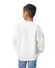 A white Gildan Heavy Blend youth sweatshirt viewed from the back, worn by a child with short black hair.