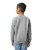 A grey youth sweatshirt with long sleeves and a crew neck, featuring a logo on the back.