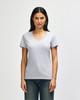 A grey Gildan Softstyle ladies' V-neck t-shirt displayed on a model, featuring short sleeves and a basic design.