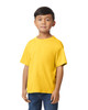 A youth midweight t-shirt in bright yellow, featuring a crew neckline and short sleeves, worn by a child.