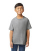 A youth midweight t-shirt in grey, featuring short sleeves and a round neckline, with a logo displayed.