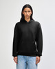 A black unisex hooded sweatshirt with a front pocket and a relaxed fit. It features a logo.