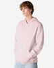 A unisex hooded sweatshirt in a soft pink colour, featuring a front pocket and a hood. It has a logo.