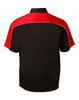 Men's button-up shirt featuring a tri-colour design in black and red with a contrasting trim. Includes a logo.
