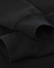 A black crew fleece jumper featuring ribbed cuffs, showcasing a soft fabric texture. It has a branding logo.