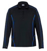 A black pullover with blue stripes and a zip neck. It features a logo on the front.