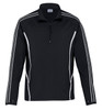 A black zip pullover featuring white side stripes and a quarter zip design, with a logo on the chest.