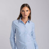 A light blue button-up shirt with a classic collar and long sleeves, featuring a logo.