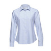 A light blue button-up shirt for women with long sleeves and a collar, featuring a logo.