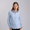 A light blue button-up shirt for women, featuring a soft collar and a fitted silhouette. Includes a logo.