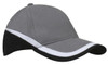 A tri-coloured cap featuring grey, black, and white panels, with a logo on the front.