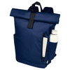 A navy blue roll-top backpack with a side pocket for a drink bottle and a front zip pocket. Features a logo.