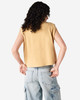 A back view of a women's muscle T-shirt in a light yellow hue, with a casual fit and no sleeves.