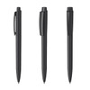 A collection of three black plastic pens with various designs, featuring clips and caps.