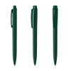 A set of three dark green plastic pens, featuring different designs and a logo on the barrel.
