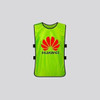 A bright green soccer vest with black trim and a logo on the front. It features side straps for a better fit.