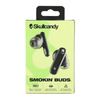 A package of Skullcandy Smokin' Buds earbuds in black, featuring a logo and information about battery life and material.