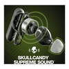 A pair of black and grey Skullcandy Smokin' Buds earbuds with an abstract sound graphic and a logo.